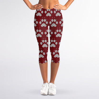Red And White Paw Knitted Pattern Print Women's Capri Leggings