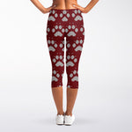 Red And White Paw Knitted Pattern Print Women's Capri Leggings