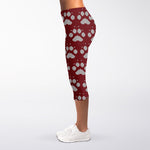 Red And White Paw Knitted Pattern Print Women's Capri Leggings