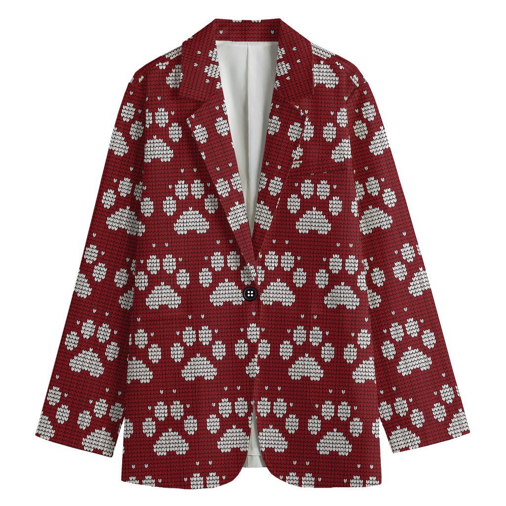 Red And White Paw Knitted Pattern Print Women's Cotton Blazer
