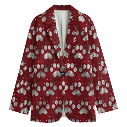 Red And White Paw Knitted Pattern Print Women's Cotton Blazer