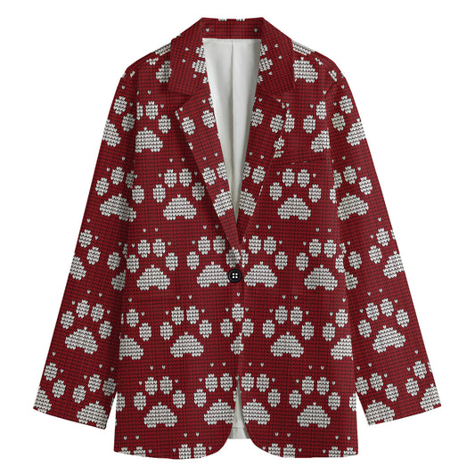 Red And White Paw Knitted Pattern Print Women's Cotton Blazer