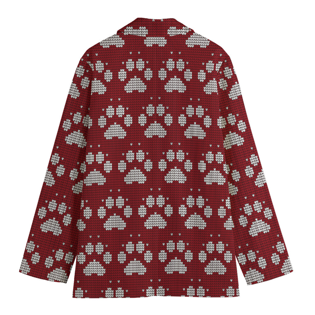 Red And White Paw Knitted Pattern Print Women's Cotton Blazer