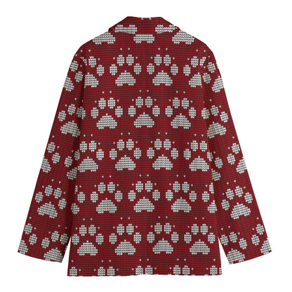 Red And White Paw Knitted Pattern Print Women's Cotton Blazer