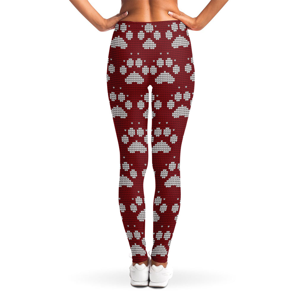Red And White Paw Knitted Pattern Print Women's Leggings