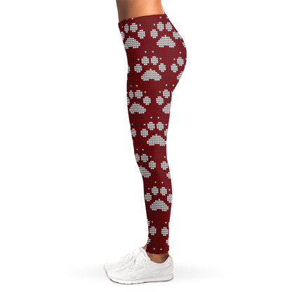 Red And White Paw Knitted Pattern Print Women's Leggings