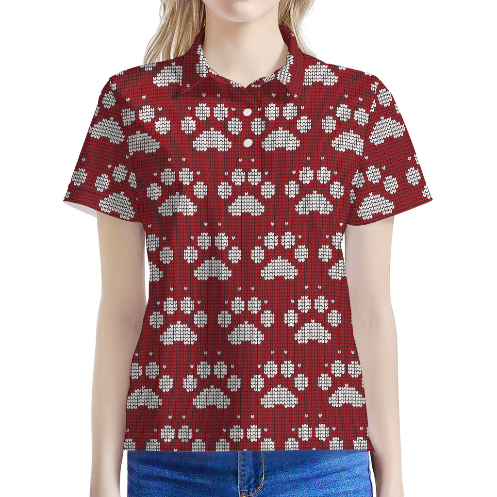 Red And White Paw Knitted Pattern Print Women's Polo Shirt