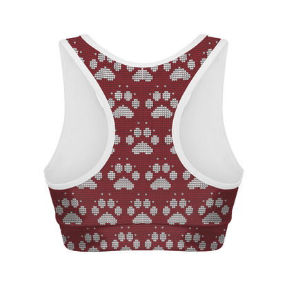 Red And White Paw Knitted Pattern Print Women's Sports Bra