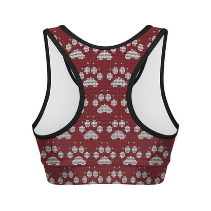 Red And White Paw Knitted Pattern Print Women's Sports Bra