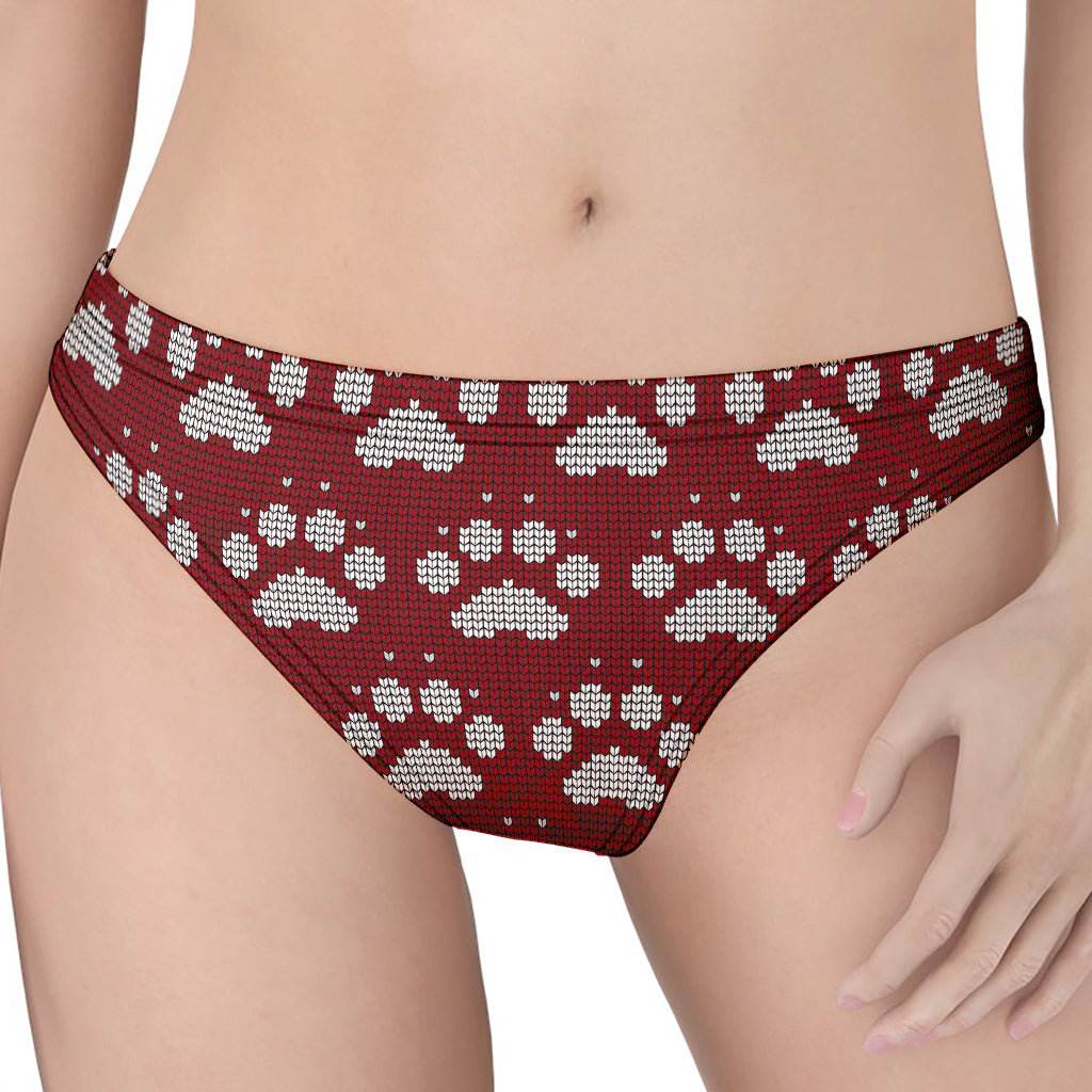 Red And White Paw Knitted Pattern Print Women's Thong