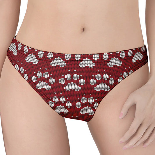 Red And White Paw Knitted Pattern Print Women's Thong