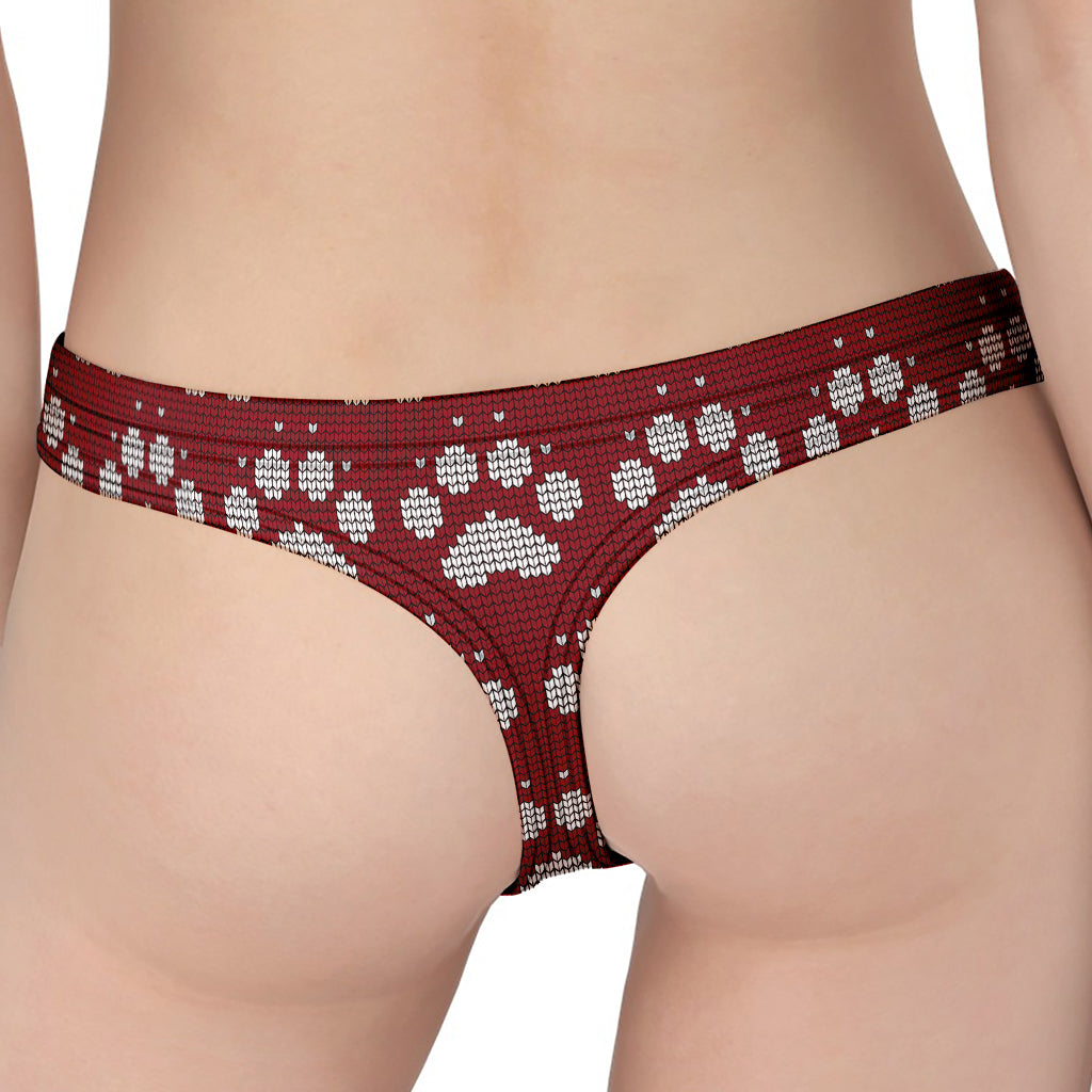 Red And White Paw Knitted Pattern Print Women's Thong