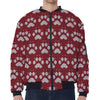 Red And White Paw Knitted Pattern Print Zip Sleeve Bomber Jacket