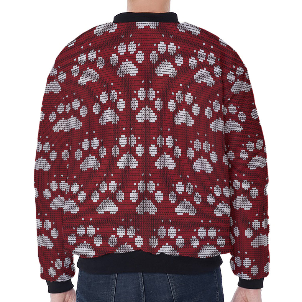 Red And White Paw Knitted Pattern Print Zip Sleeve Bomber Jacket