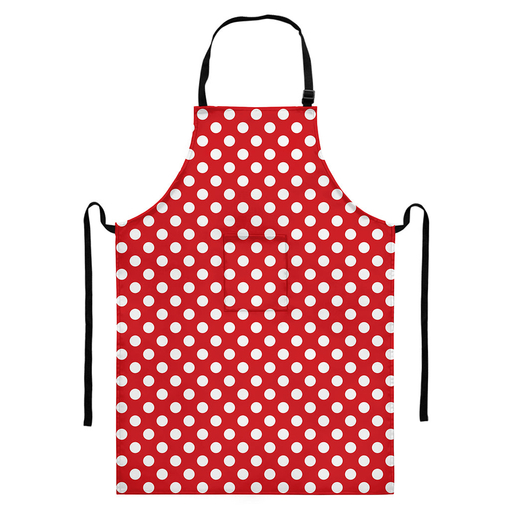Red And White Polka Dot Pattern Print Bib Apron With Pocket