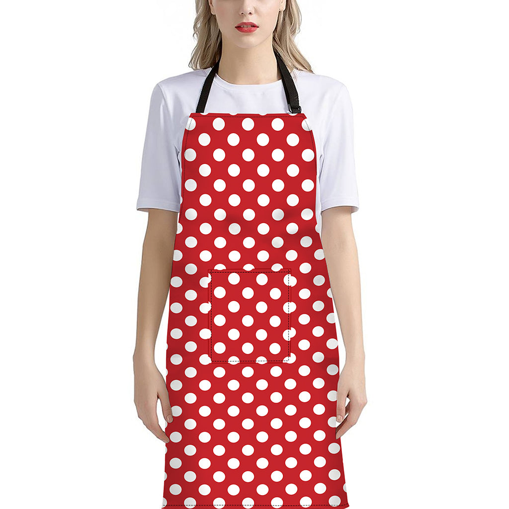 Red And White Polka Dot Pattern Print Bib Apron With Pocket