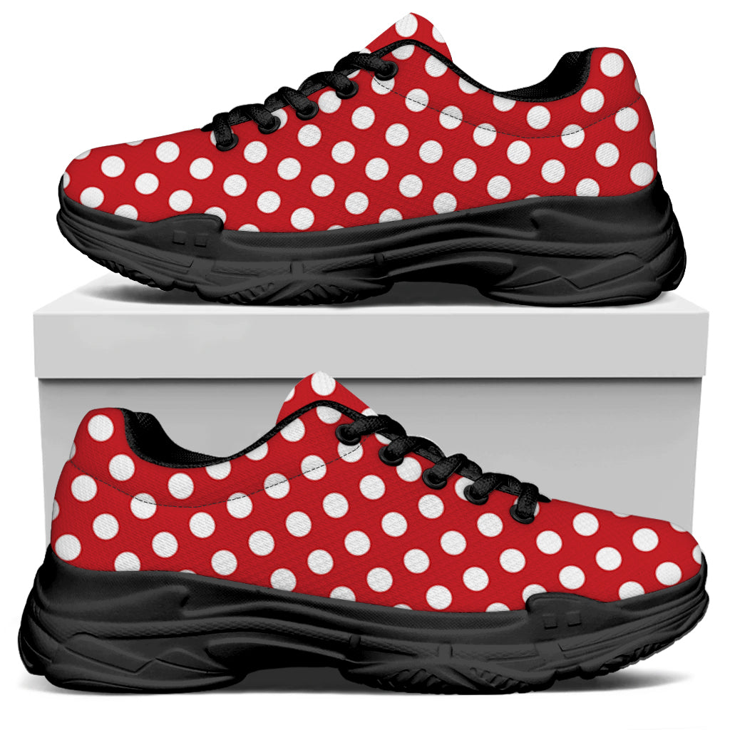 Red And White Polka Dot Pattern Print Black Chunky Shoes