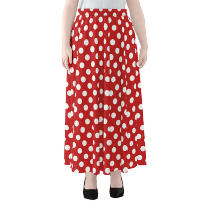 Red And White Polka Dot Pattern Print Chiffon Maxi Skirt
