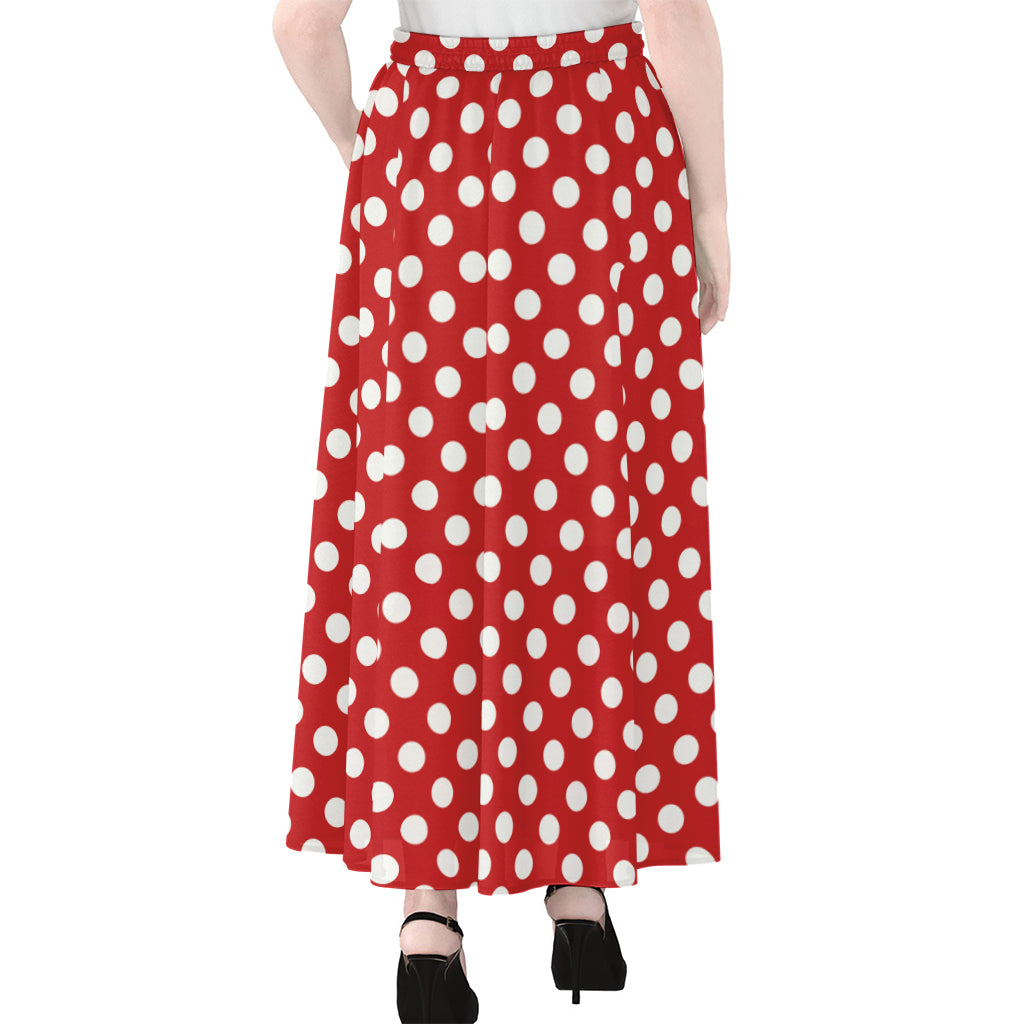 Red And White Polka Dot Pattern Print Chiffon Maxi Skirt