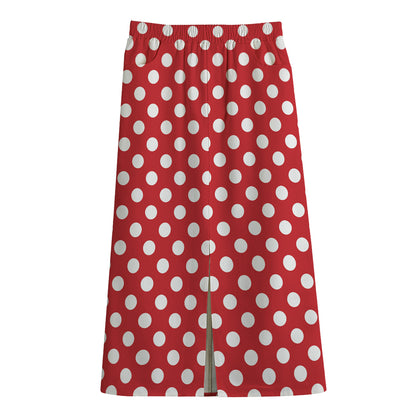Red And White Polka Dot Pattern Print Cotton Front Slit Maxi Skirt