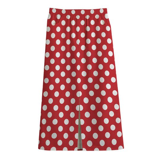 Red And White Polka Dot Pattern Print Cotton Front Slit Maxi Skirt