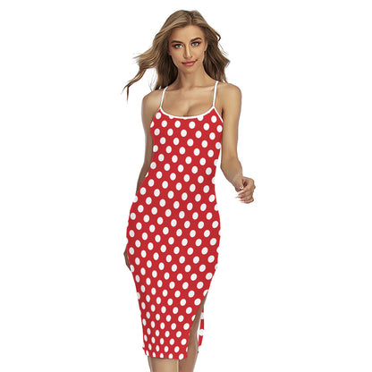 Red And White Polka Dot Pattern Print Cross Back Cami Dress