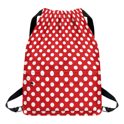 Red And White Polka Dot Pattern Print Drawstring Backpack