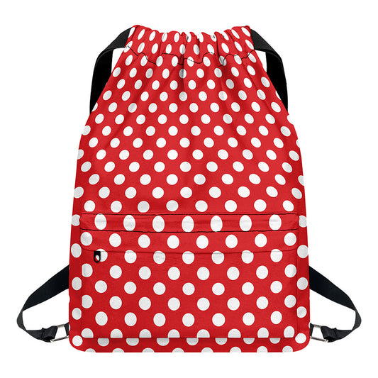 Red And White Polka Dot Pattern Print Drawstring Backpack