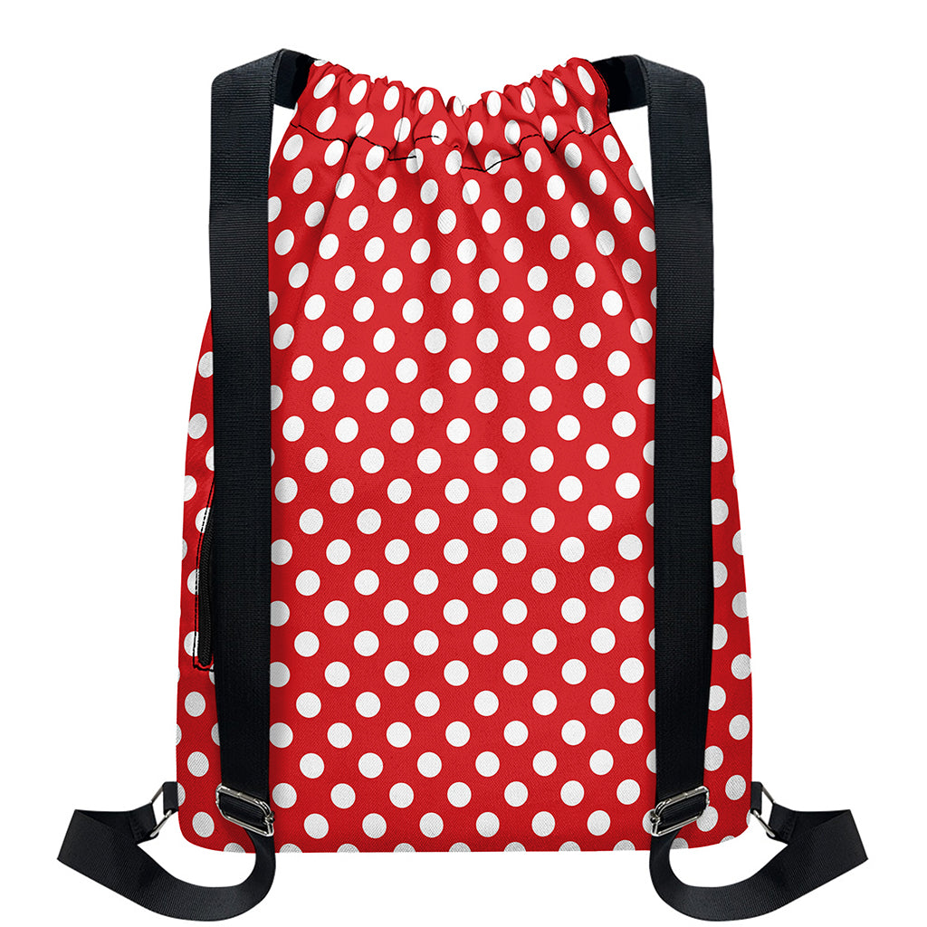 Red And White Polka Dot Pattern Print Drawstring Backpack