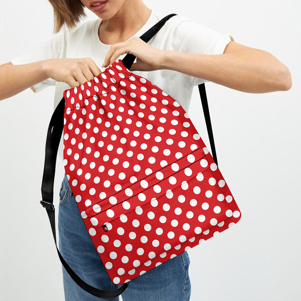 Red And White Polka Dot Pattern Print Drawstring Backpack
