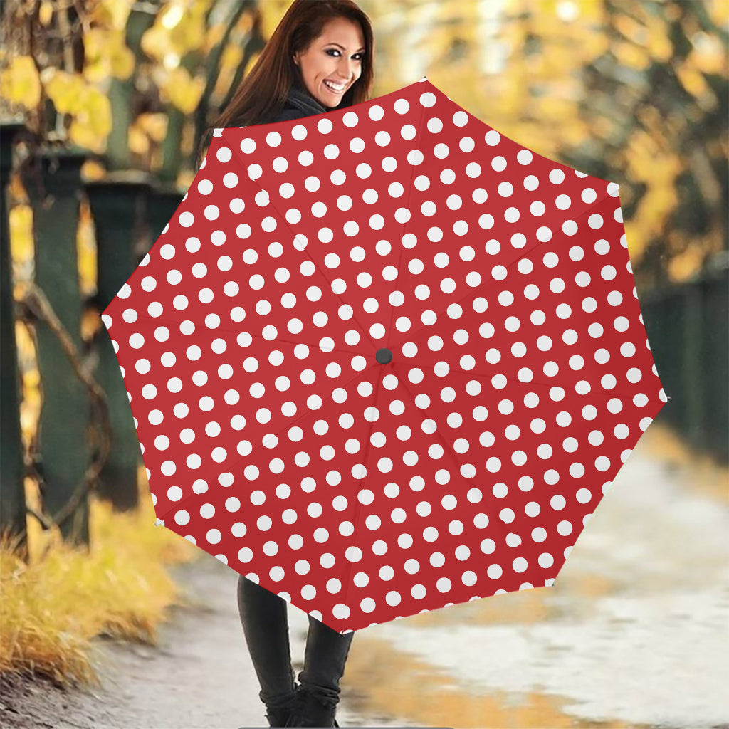 Red And White Polka Dot Pattern Print Foldable Umbrella