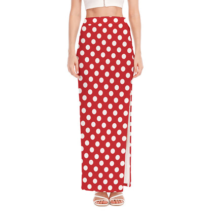 Red And White Polka Dot Pattern Print High Slit Maxi Skirt