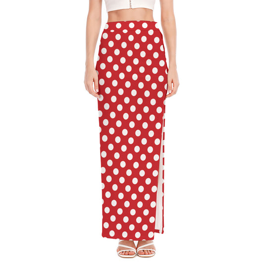 Red And White Polka Dot Pattern Print High Slit Maxi Skirt