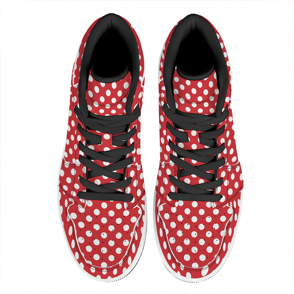 Red And White Polka Dot Pattern Print High Top Leather Sneakers