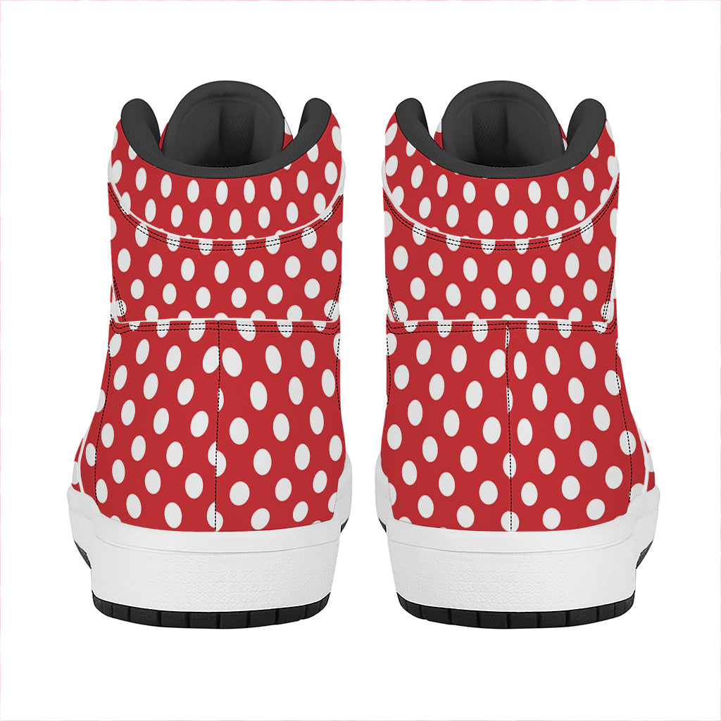 Red And White Polka Dot Pattern Print High Top Leather Sneakers