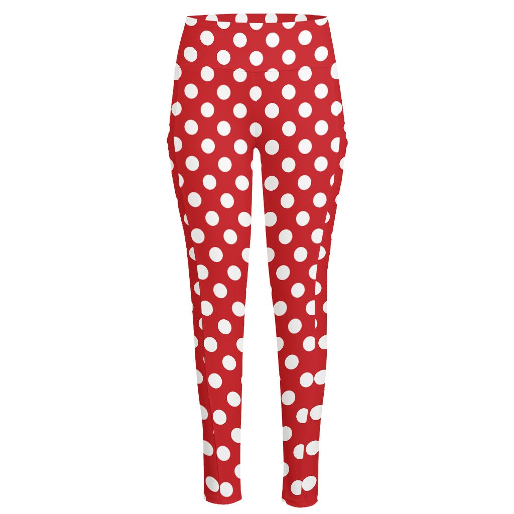Red And White Polka Dot Pattern Print High-Waisted Pocket Leggings