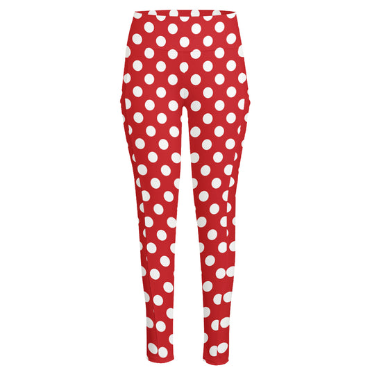 Red And White Polka Dot Pattern Print High-Waisted Pocket Leggings