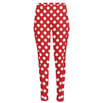 Red And White Polka Dot Pattern Print High-Waisted Pocket Leggings