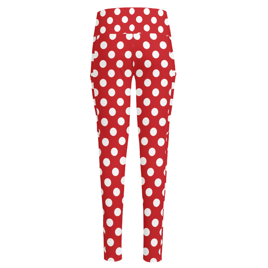 Red And White Polka Dot Pattern Print High-Waisted Pocket Leggings