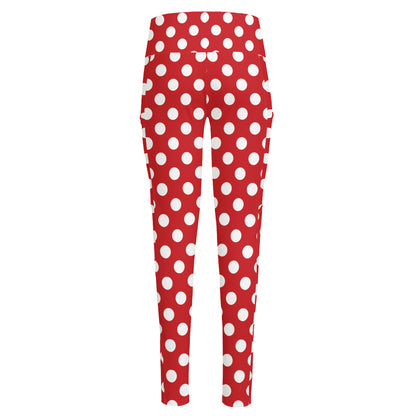 Red And White Polka Dot Pattern Print High-Waisted Pocket Leggings
