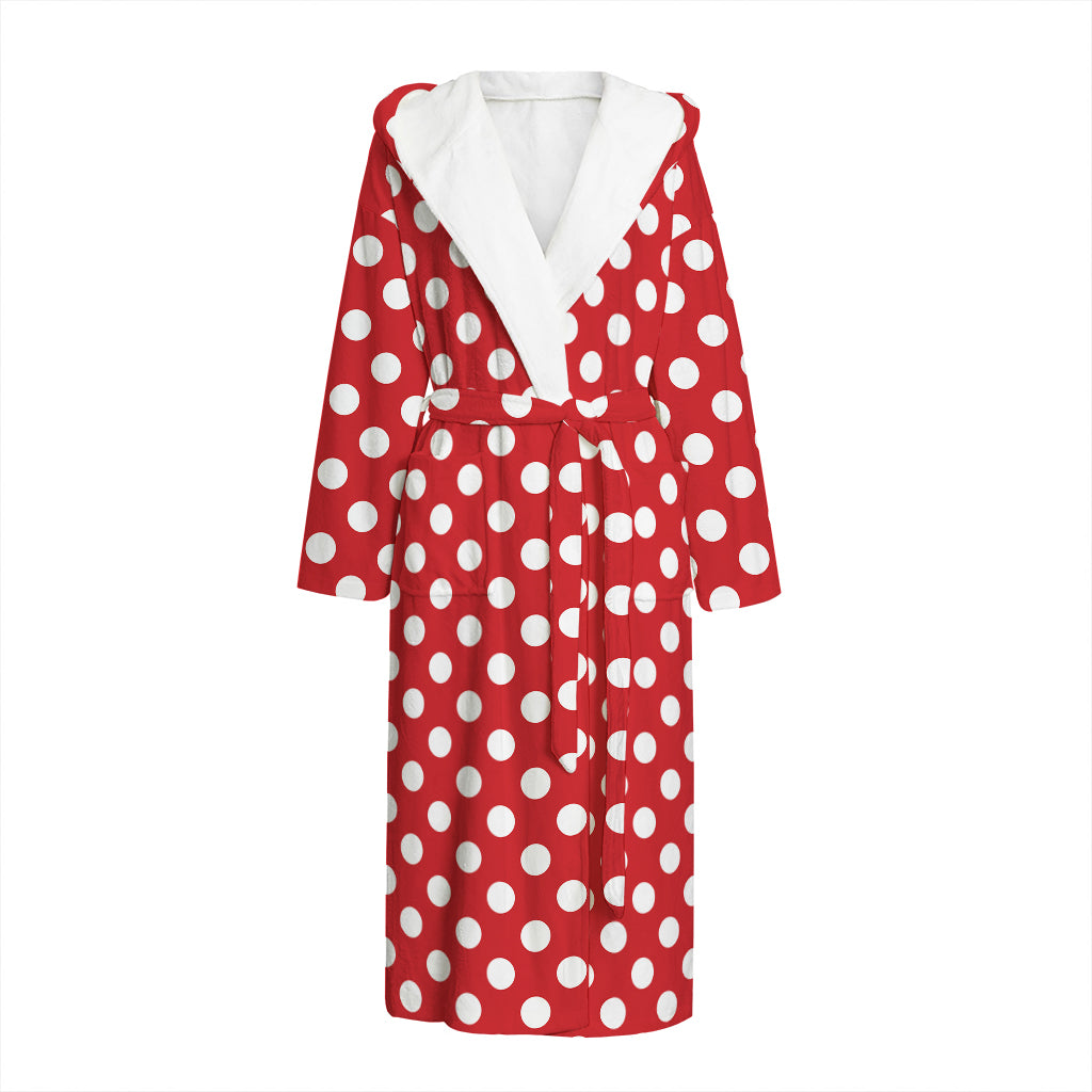 Red And White Polka Dot Pattern Print Hooded Bathrobe