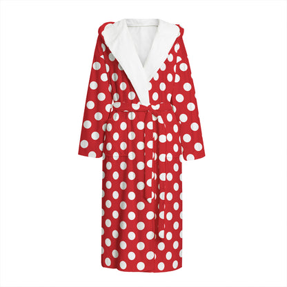 Red And White Polka Dot Pattern Print Hooded Bathrobe