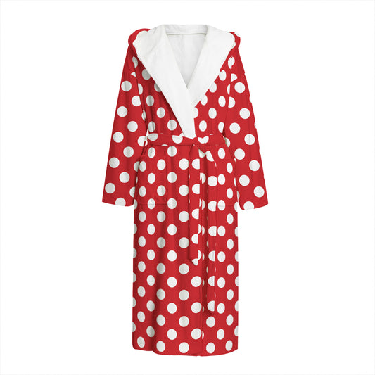 Red And White Polka Dot Pattern Print Hooded Bathrobe