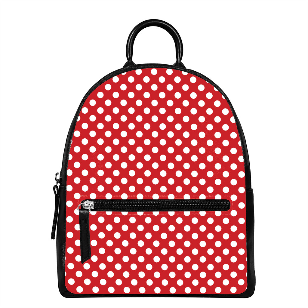 Red And White Polka Dot Pattern Print Leather Backpack