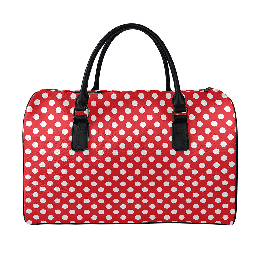 Red And White Polka Dot Pattern Print Leather Duffle Bag