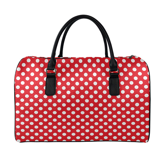 Red And White Polka Dot Pattern Print Leather Duffle Bag