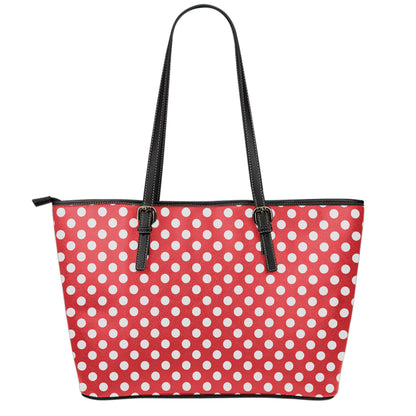Red And White Polka Dot Pattern Print Leather Tote Bag
