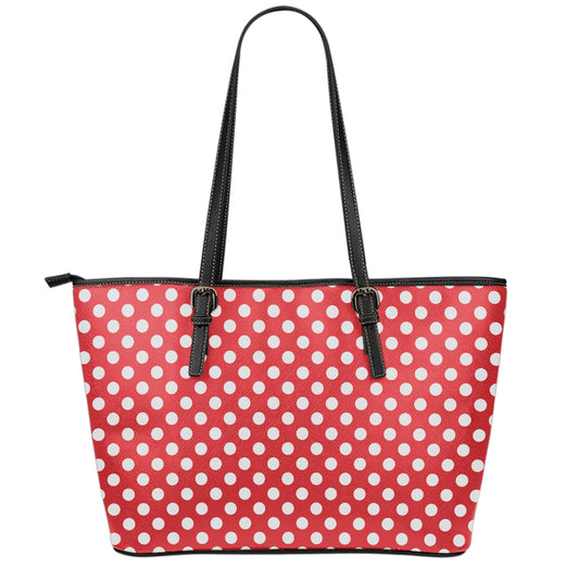Red And White Polka Dot Pattern Print Leather Tote Bag