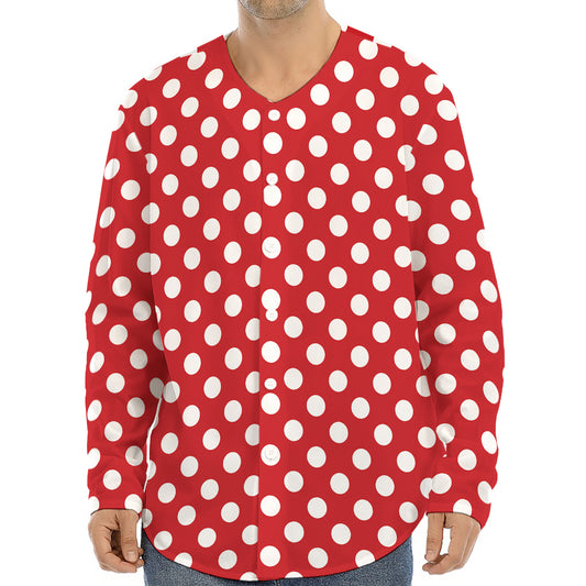 Red And White Polka Dot Pattern Print Long Sleeve Baseball Jersey