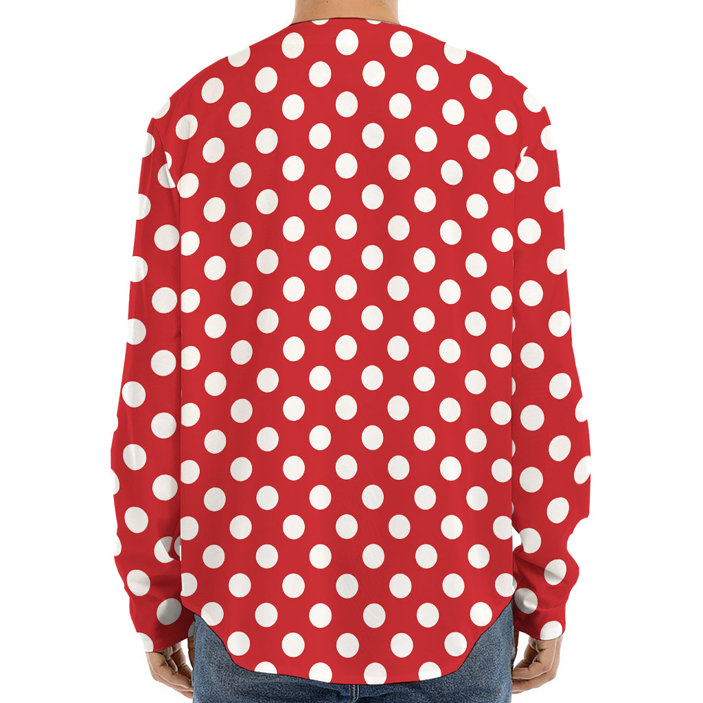 Red And White Polka Dot Pattern Print Long Sleeve Baseball Jersey
